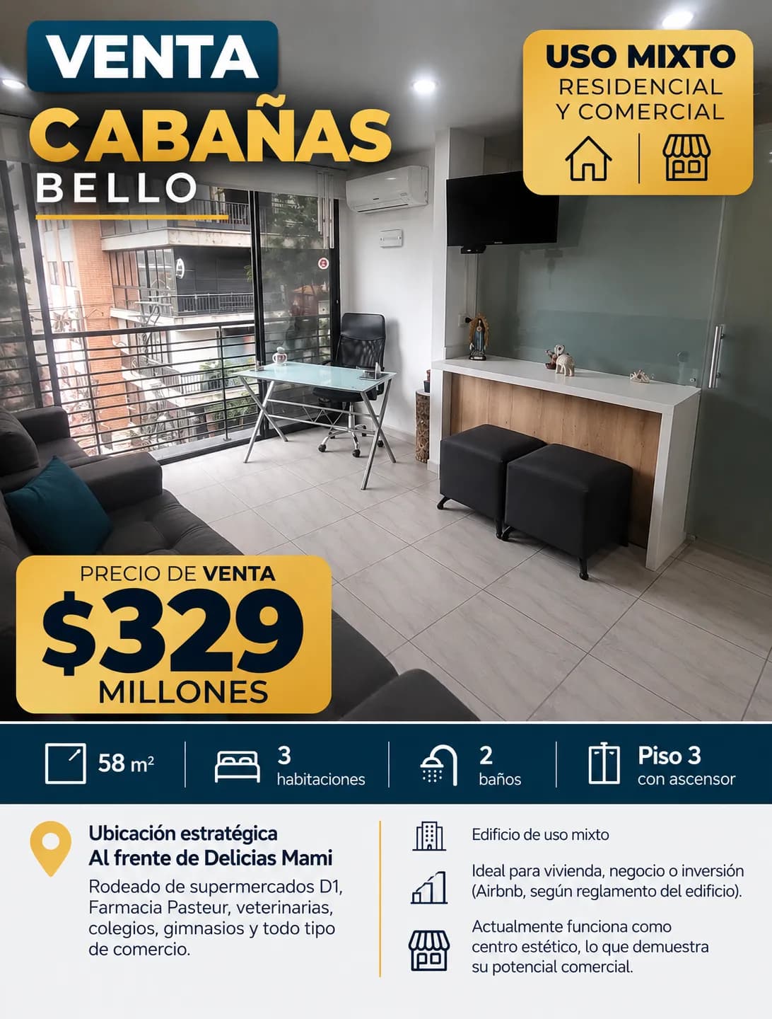 Apartamento de Uso Mixto en Cabañas, Bello – Ideal para Vivienda, Negocio o Airbnb