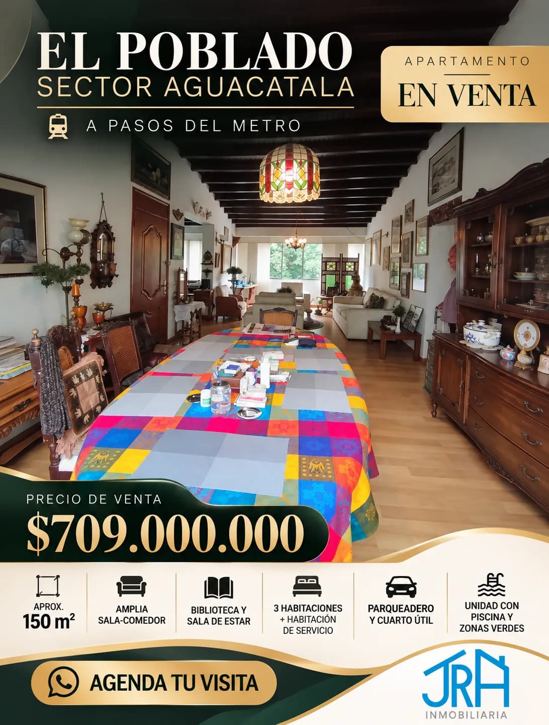 Apartamento en venta en El Poblado, sector Aguacatala, a pasos del Metro – $709 millones